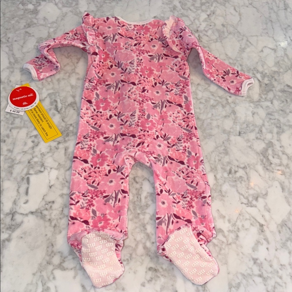 NWT Magnetic Me Velour Pink Floral Footie 9/12M - Picture 7 of 7